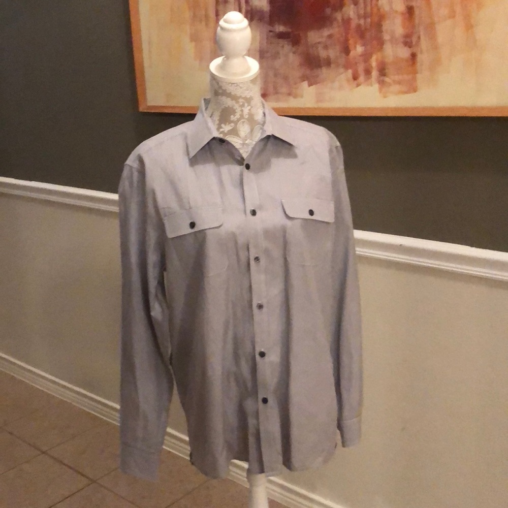 Kenneth Cole NY, Gray & White Stripped Button Top